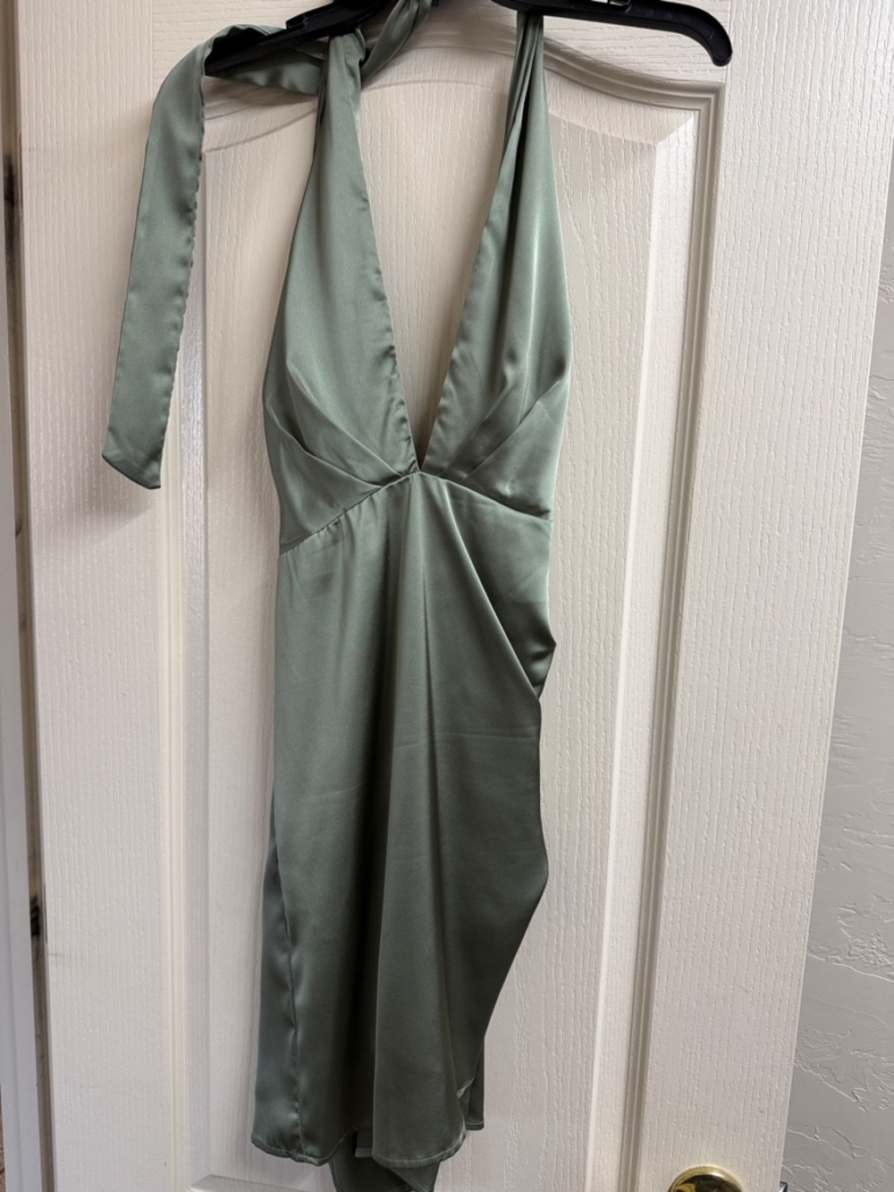 SHEIN One-Shoulder Satin Halter Dress in Sage Green